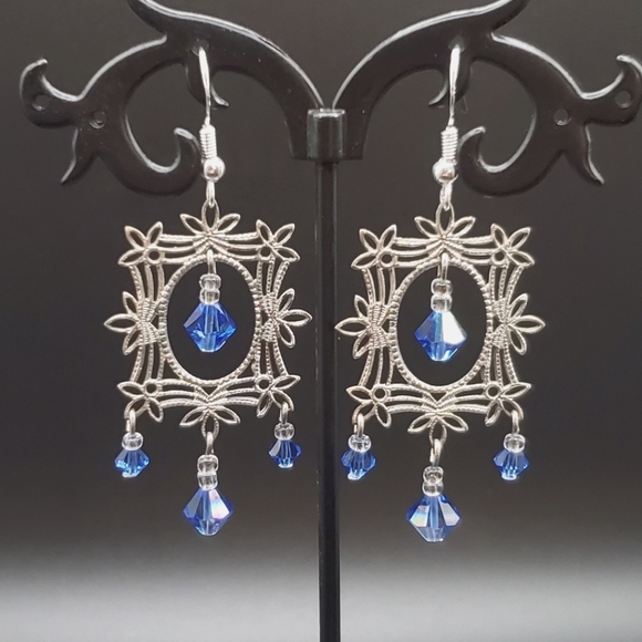 Swarovski & Sterling Filigree Earrings - Picture 2 of 2